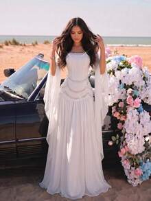 Elegant Elegant Ruffle Sleeve High-End Square Neck Heat-Pressed Rhinestone Studded Design Mesh Splicing Pleated Hem Dress Music Festival - White - View 3