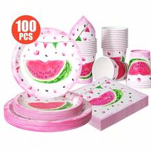 100/25/10pcs Pink Heart Melon Pattern Disposable Plates, Napkins, Cups, Disposable Party Supplies Set, Suitable For 25 Guests, Disposable Paper Plates Party Tableware Suitable For Birthday, Wedding, Theme Party, Family Picnic - Style 1 - View 1