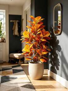 Kmitang 85-125cm Large Artificial Banyan Plants Fake Ficus Tree Branch Autumn Tree Leaves Faux Tropical Palm Plant Red Leafs Plastic Fiddle Leafs Tall Faux Rubber Tree For Home Shop Autumn Party Decor Without Pot 1pc - Multicolor - View 9
