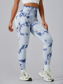 Leggings de sport pour femmes à taille haute avec contrôle du ventre, effet tie-dye, taille côtelée, gainant, élastiques et séchage rapide, pantalon de cyclisme - Bleu ciel - Voir 8