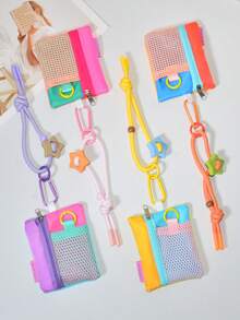1 Set Dopamine Color-Block Star Adjustable Braided Phone Wrist Strap Coin Purse, Korean Style Patchwork Mesh Tulle Mini Cute Portable Key Coin Storage Zipper Pouch, Multi-Functional Portable Student Bus Card Earphone Lipstick Storage Colorful Small Bag - Multicolor - View 4