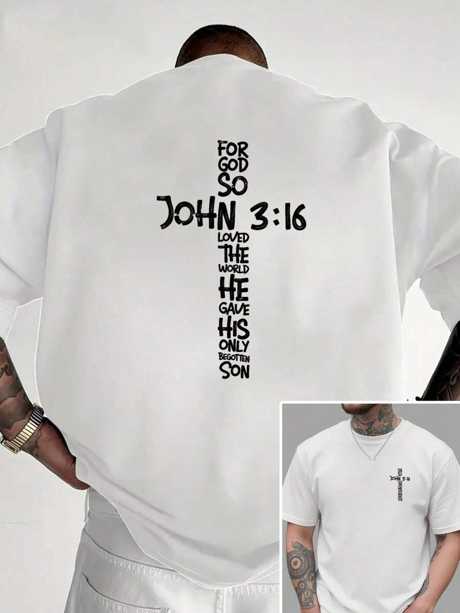 Gospel Of John 3:16, New Men's Crew Neck T-Shirt With Cross Print On Both Sides, Casual, Sporty, Modern And Loose Style, Short Sleeve T-Shirt For Students - 白色 - 查看 1