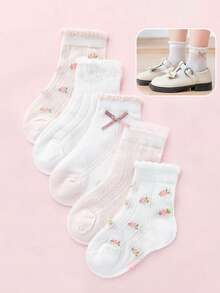 Set de 5 pares de calcetines de malla de alta elasticidad para niñas, calcetines deportivos con ribete floral y puntilla fruncida, primavera/verano, rosado y blanco - Rosa - Ver 3