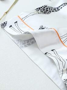 Women's 2pcs Pajama Set, Stylish Giraffe Animal Print, Silky Homewear & Outerwear, Short Sleeve Button Lapel Top & Shorts For Spring Summer - White - View 9