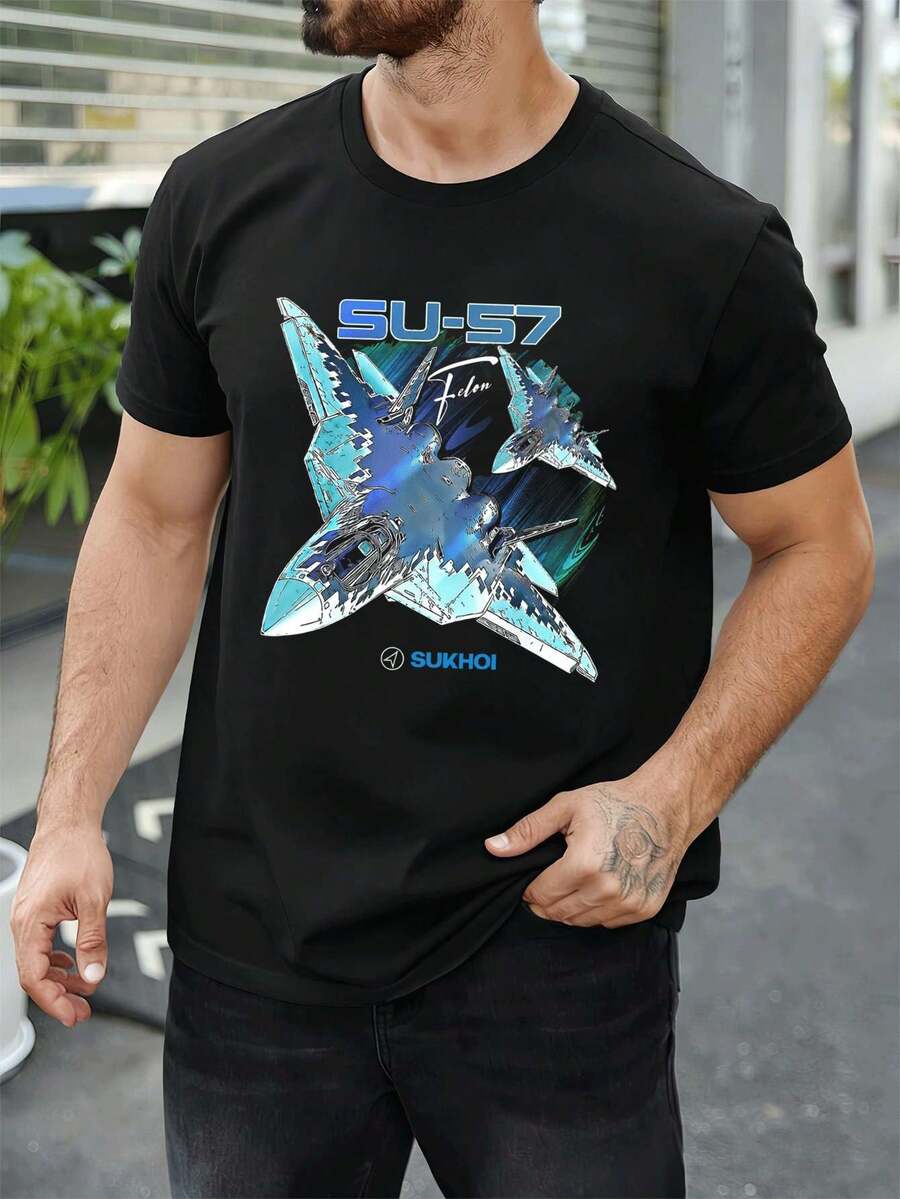 SU57 Fighter Jet Graphic Print Men's T-Shirt, made of high quality fabric, crew neck, loose and comfortable fit, with unique graphic print. - Preto - Ver 1