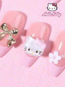 Sanrio Hello Kitty 24片裝 Y2K 杏仁形粉色法式指尖穿戴甲，附可愛 Hello Kitty、珍珠、愛心、花朵與金色蝴蝶結裝飾，完美貼合壓克力假指甲套組，適合女孩日常與派對使用 - 彩色 - 查看 3