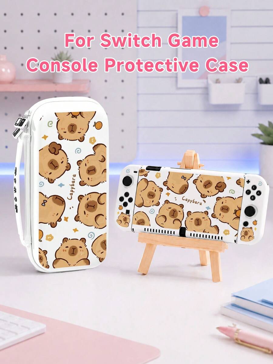Cartoon Animal Capybara Pattern Game Console Shell And Accessories For Switch/Switch OLED, Including Protective Case, Storage Bag, Dock Shell, Console Dust Cover, Game Card Box, Controller Protective Sleeve And More Accessories Available, Suitable For Christmas, Spring Romance, Valentine's Day, Back To School Season And Other Occasions As Gifts - View 1