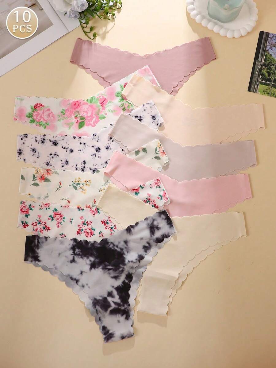 10 Pieces/Pack - Seamless Panties With Scalloped Edge For Women, Comfortable And Sexy Skin-Friendly Fabric, Seamless Bikini Panties For Ladies - 駝色 - 查看 1