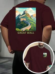 La ilustración del paisaje de la Gran Muralla está impresa en ambos lados, presenta un estilo tradicional chino, adecuada como recuerdo de viaje y una camiseta de manga corta de estilo - Blanco - Ver 10