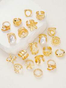 20/6pcs Multi-Piece Stackable Fashion Minimalist Elegant Exquisite Vintage Design Geometric Ribbon Faux Pearl Starfish Shell Sunflower Round Hollow Design Cross Twist Braided Multi-Layer Irregular Pleated Textured Polished Minimalist Plain Band Exaggerated Wide Chunky Ring Set, Holiday Vacation Party Date Gift Daily Commute Wear - Yellow Gold - View 4