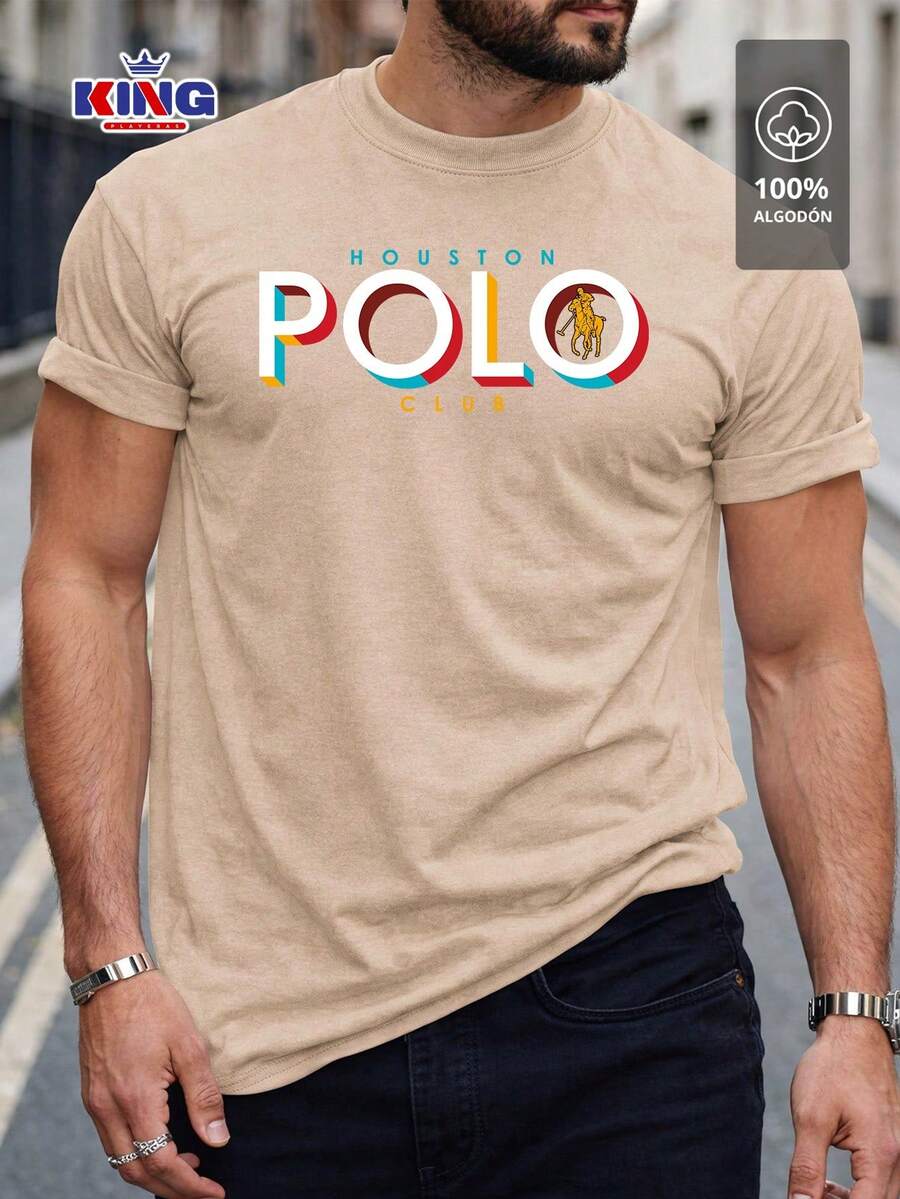 Original HPC POLO T-Shirt With Round Neck And Short Sleeves – Themed Graphic Design "HPC: Retro Typography Houston" – 100% Cotton - 卡其色 - 查看 1