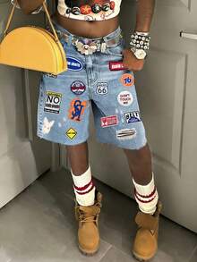 Quần short denim thêu họa tiết phong cách Y2K Streetwear thường ngày, quần short denim cạp trung, kiểu dáng gợi cảm cho mùa hè. - Rửa trung bình - Xem 3