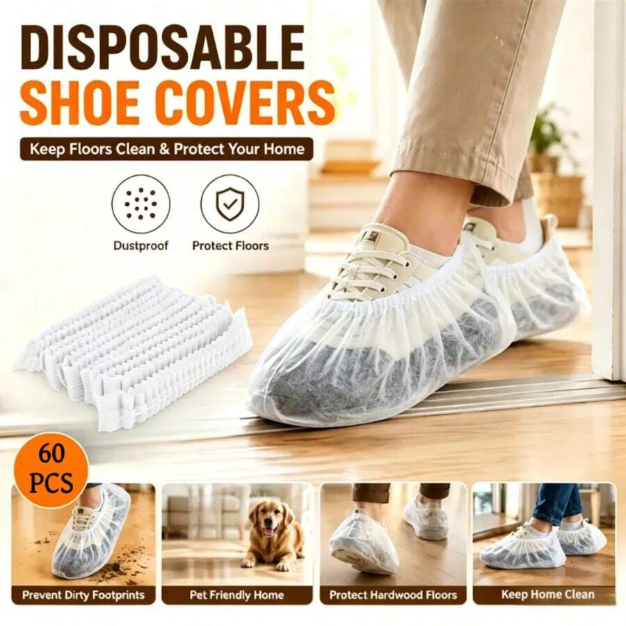60PCS Disposable Non-Woven Shoe Covers, Elastic Dust-Proof Floor Protectors For Indoor Use, Pet-Friendly Shoe Covers For Guests, Cleaning, Moving, Hom - White - View 1