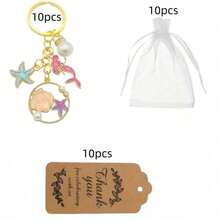 30pcs Ocean Theme Starfish And Mermaid Pearl Keychains, Includes 10 Keychains, 10 Thank You Cards And 10 Organza Bags. Perfect For Decorating Backpacks, Cars And DIY Party Supplies. - Multicolor - View 6