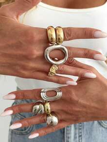 8pcs Bohemian Style Chunky Mixed Metal Rings, Stackable Gold And Silver Tone Personalized Rings, Suitable For Daily And Party Wear - Color Mixing - View 1