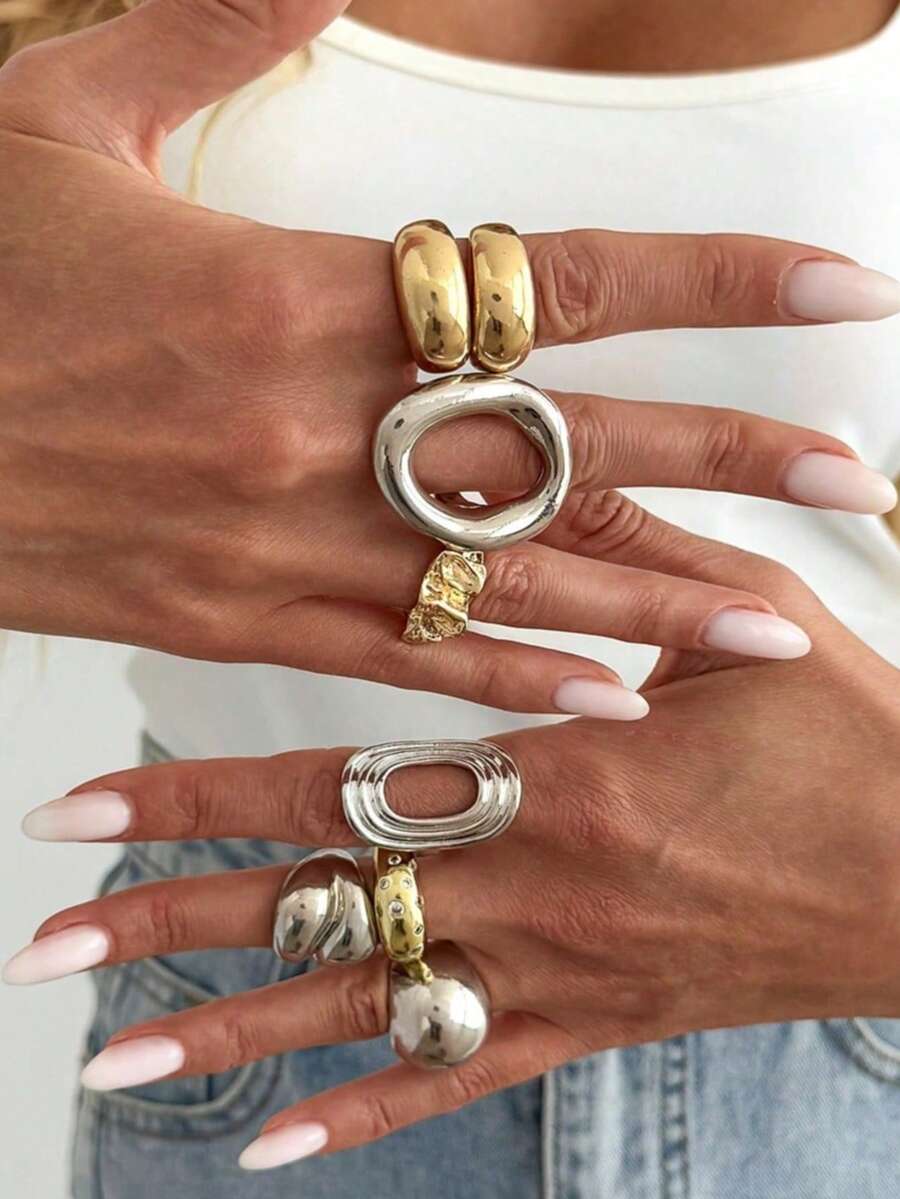 8pcs Bohemian Style Chunky Mixed Metal Rings, Stackable Gold And Silver Tone Personalized Rings, Suitable For Daily And Party Wear - Color Mixing - View 1