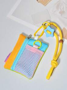 1 Set Dopamine Color-Block Star Adjustable Braided Phone Wrist Strap Coin Purse, Korean Style Patchwork Mesh Tulle Mini Cute Portable Key Coin Storage Zipper Pouch, Multi-Functional Portable Student Bus Card Earphone Lipstick Storage Colorful Small Bag - Multicolor - View 16