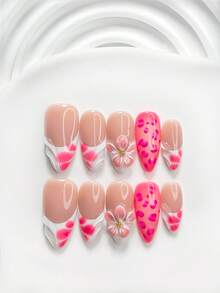 10pcs Sweet Style Handmade Press-On Nails, Polygel Nail Art Set, Five-Petal Flower Design, Pink And White Color, Fresh Style, Includes Nail Tools, 3 Sizes Available: Square, Short Square, Almond, Suitable For Party, Dancing, Daily Wear - Multicolor - View 16