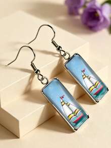 1 Pair Rectangular Ocean Style Pattern Sailboat Earrings Sailboat/Lighthouse/Anchor/Starfish Shell Summer Beach Vacation Earrings - Silver - View 7