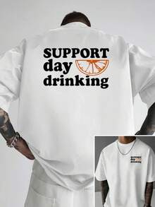 Camiseta de hombre con hombros caídos, apoya el Día del Bebida, diseño de doble cara con patrón naranja, camiseta de hombre de corte holgado, ropa de hombre de estilo moderno y novedoso, una - Blanco - Ver 2