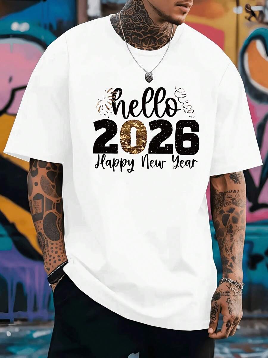 Camiseta de hombre, Feliz Año Nuevo 2026, deseándote un feliz año nuevo, estampado reversible, camiseta de manga corta moderna para hombre, adecuada para uso diario casual y deportivo, un ar - Blanco - Ver 1