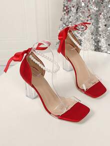 Sandalias de satén rojo transparente con tacón grueso, diseño de punta cuadrada con correa de tobillo de perlas y lazo, punta abierta transpirable y cómoda, tacón grueso de cristal estable y fácil de caminar, adecuado para boda, dama de honor, banquete, fiesta, cena nocturna, cita, baile y otras ocasiones, zapatos de boda elegantes y versátiles, zapatos de noche franceses para mujeres. - Rojo - Ver 4