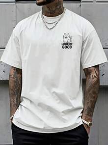 Camiseta de hombre con hombros caídos, diseño de gato, estampado de doble cara LOOKIN' GOOD, camiseta holgada para hombre, nueva ropa de hombre a la moda, una prenda esencial para hombre c - Blanco - Ver 2