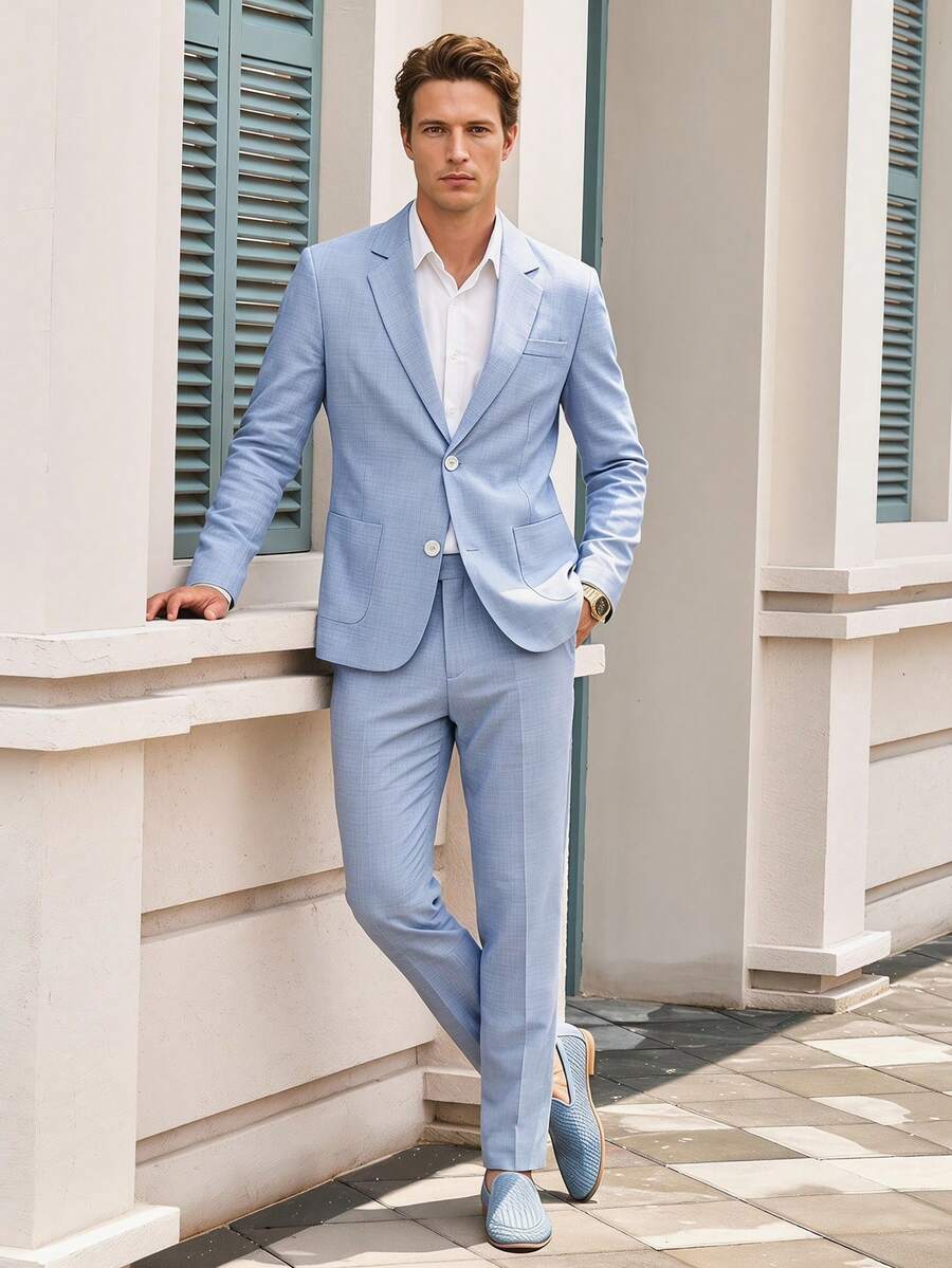 Officeau Men's 2pcs Blue Wedding Suits, Blazer And Pants, For Groom/ Groomsman/ Guest - Blue - View 1