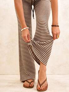 Women's Knit Striped Pants, Contrast Color Waist, Drawstring Elastic Waistband, Casual Elegant Trousers For Fall, Back‑To‑School & Daily Wear - Coffee Brown - View 6