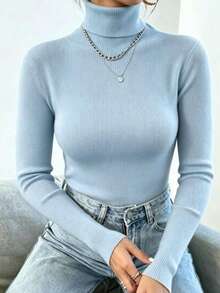 Women's Knitted Blouse High Neck Cacharrel Basic Wool Sweat Fashion Shipping!!! - Baby Blue - View 2