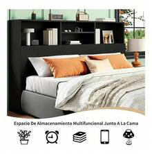 Double Headboard With LED Lights And Sockets For Bed - Black - View 3