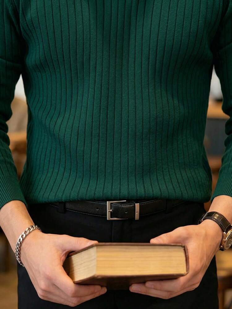 ALTZTAR Men's Loose Fit Thin Long Sleeve Striped Knit Polo Shirt, Minimalist & Fashionable, Suitable For Daily Commute In Spring/Autumn - Dark Green - View 5