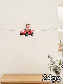 8/16/24pcs Custom Red Race Car Face Bunting Banner,Personalized First Birthday Garland,Boys Race Car Backdrop,/Gender Reveal Party Decor, Checkered Flag, Fast One - Multicolor - View 7