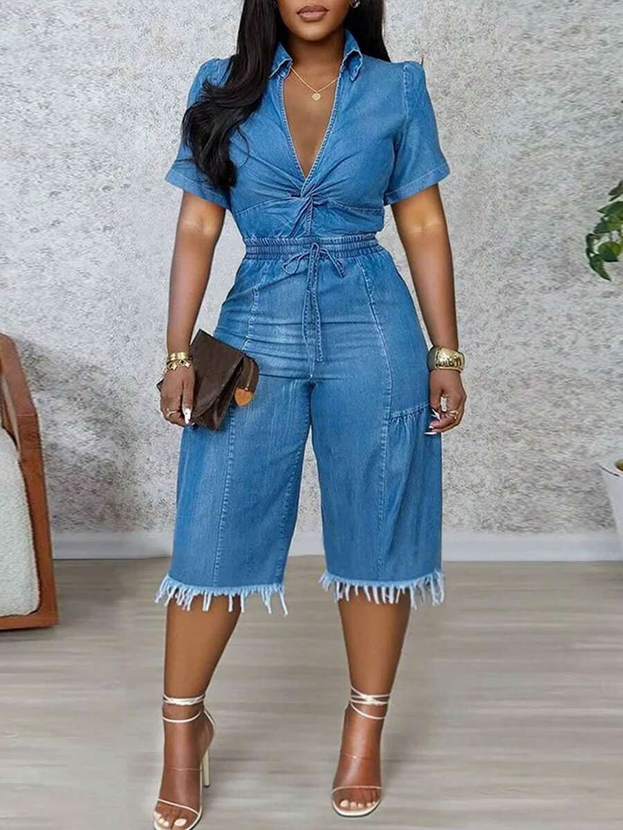 GLOURI Women Denim Jumpsuit Lapel Short Sleeve Twist Front Drawstring High Waist Fringed Cropped Wide Leg Rompers Casual Jeans Outfit - 藍色 - 查看 1