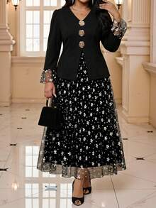 Fleurora Set da 2 pezzi taglie forti per donna, elegante abito da invitata a matrimonio con patchwork in rete floreale, abito da festa di matrimonio, outfit da carnevale, costume da carnevale, vacanza - nero - Visualizzare 7