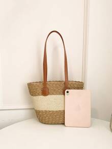 New Fashion Casual Beach Straw Woven Large Capacity Commuter Premium Texture Woven Shoulder Tote Bag, Pendant For Reference Only - Khaki - View 8