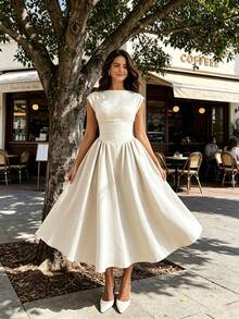 Women's Boat Neck Cap Sleeve Midi Dress, Corset Waist A-Line Flare Dress, Elegant Formal & Bridesmaid Dress - 杏色 - 查看 6