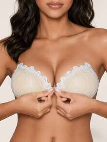 Imbottiture reggiseno adesive con motivo in pizzo, adesivi per seno in silicone a forma di palmo, imbottiture reggiseno push-up ispessite con doppia spallina invisibile per donne - Multicolore - Visualizzare 1