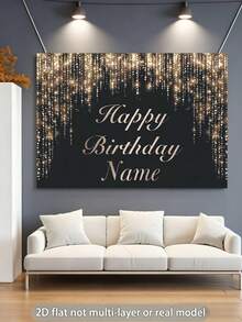 Pancarta personalizable con tema de nombre y cumpleaños, fondo negro y dorado, diseño de piedras de strass plateadas con brillo, ideal para la mesa del pastel en la fiesta de cumpleaños, telón de fondo para fotografía - Oro gris - Ver 4
