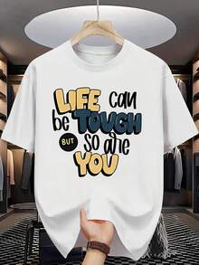 Men's Inspirational T-Shirt - Life Can Be Tough, But So Are You. | White Crew Neck T-Shirt With Bold Black And Yellow Lettering - Breathable - 白色 - 查看 1