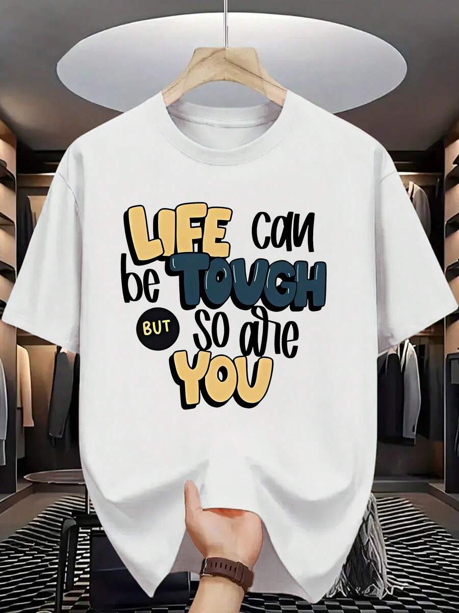 Men's Inspirational T-Shirt - Life Can Be Tough, But So Are You. | White Crew Neck T-Shirt With Bold Black And Yellow Lettering - Breathable - 白色 - 查看 1