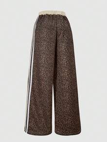 Fashionable Casual Girls' Sports Set, Featuring Wide-Leg Leopard Print Patchwork Striped Sports Pants, Suitable For Spring, Summer, And Autumn Wear - Apricot - View 3