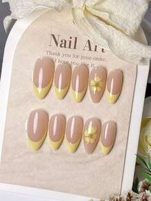 10 piezas de uñas postizas de almendra hechas a mano con puntas francesas amarillas, flores amarillas pintadas a mano y cuentas de acero dorado. Se ajustan perfectamente a todas las formas de mano, ideales para salidas diarias, citas dulces y diversas ocasiones, un regalo elegante de lujo ligero para mujeres - Amarillo - Ver 12