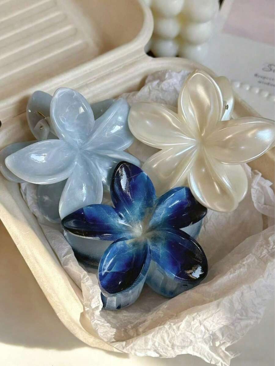 3 pezzi/1 pezzo Fermagli per capelli grandi 8 cm/3,15 pollici con design floreale sfumato, effetto marmo e onde d'acqua, blu scuro, blu chiaro e beige, stile tie dye, per donne, eleganti, minimalisti, versatili, adatti per uso quotidiano, feste, lavoro, viaggi, ritorno a scuola, scuola, fermagli a pinza, accessori per capelli, forniture per studenti, accessori per capelli estivi da spiaggia - Multicolore - Visualizzare 1