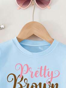 Tween Girl Print Pattern (Pretty Girl, Letter And Heart Pattern) Round Neck T-Shirt + Shorts Summer New Style Daily Comfortable Girls Set - Baby Blue - View 4