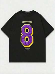 Número 8 con impresión de homenaje a Halo y Kobe, impresión casual, cómoda y versátil, camiseta de algodón puro de 220g con patrón de letras, estilo unisex de ocio - Negro - Ver 1