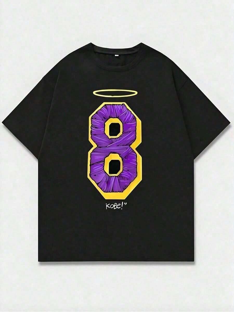 Número 8 con impresión de homenaje a Halo y Kobe, impresión casual, cómoda y versátil, camiseta de algodón puro de 220g con patrón de letras, estilo unisex de ocio - Negro - Ver 1