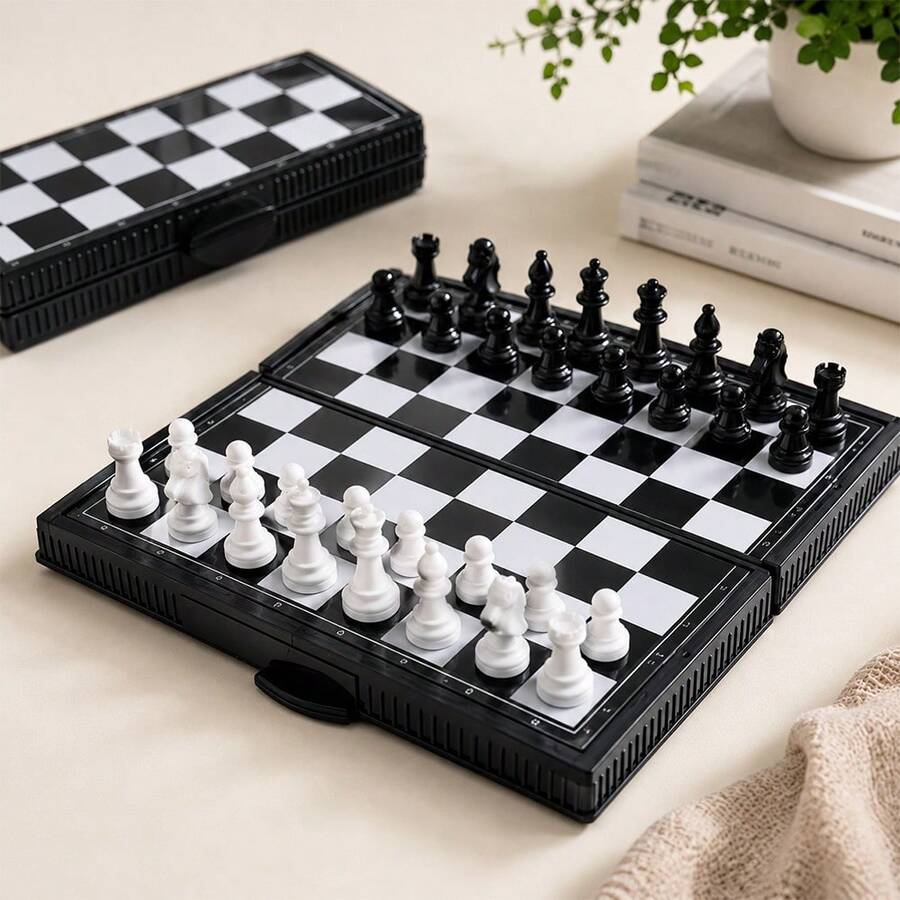 1件迷你磁性旅行西洋棋組-便攜式折疊棋盤遊戲與益智玩具 - 黑與白 - 查看 1