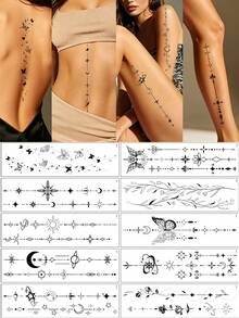 1010pcs Black Spine Rhinestones Stickers, Including Various Patterns Such As Flowers, Stars, Moon, Lines, Butterfly,Etc., Can Be DIY Spliced And Pasted On The Back, Chest, Arms, Legs Tattoo Sticker - Black - View 1