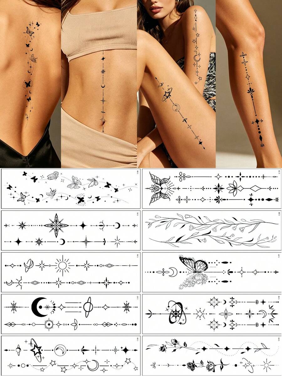 1010pcs Black Spine Rhinestones Stickers, Including Various Patterns Such As Flowers, Stars, Moon, Lines, Butterfly,Etc., Can Be DIY Spliced And Pasted On The Back, Chest, Arms, Legs Tattoo Sticker - Black - View 1